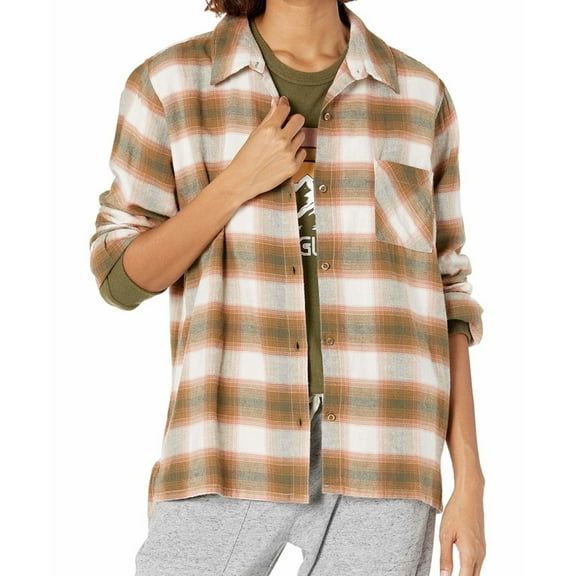 P.J. Salvage Womens Plaid Button Down Pajama Shirt, Brown, Small