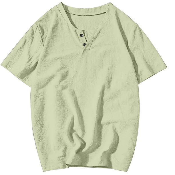 Camisas Hawaianas de los Hombres de la Playa de Manga Corta Cuello Redondo Casual Color Sólido, Top de Lino para las Vacaciones Y la Playa