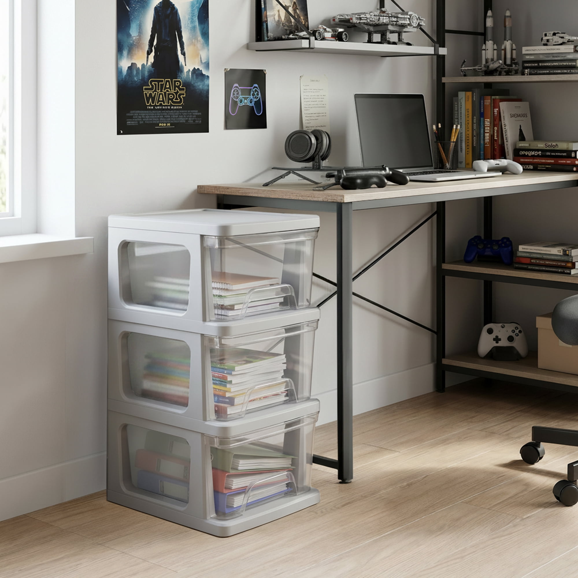 Starplast 3-Drawer Organization Tower Medium Storage Cart, Silver Plastic