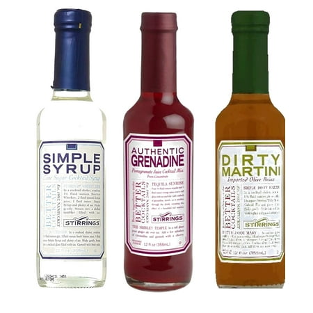 Stirrings Grenedine Simple Syrup & Dirty Martini Cocktail Mixers Variety 3-Pack