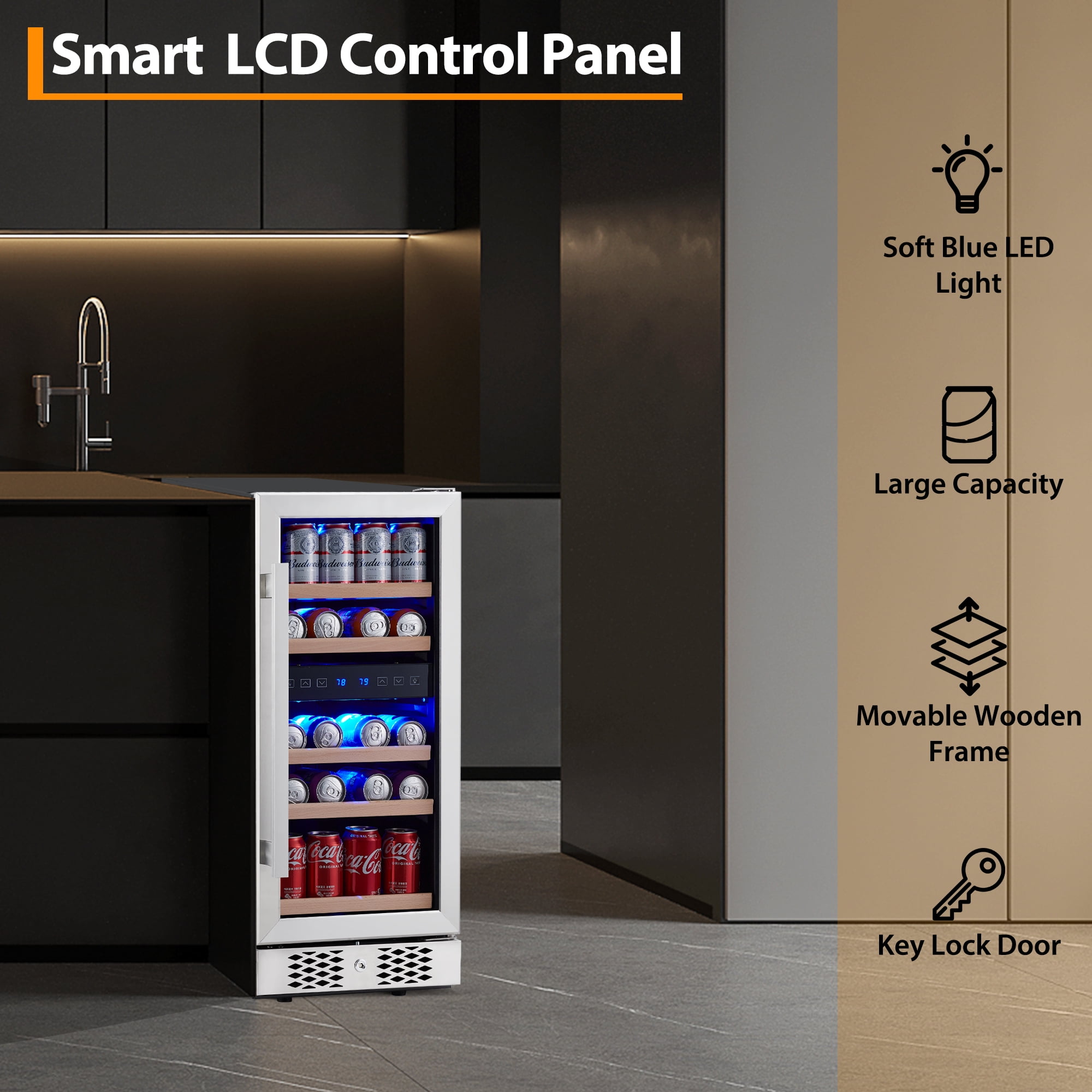 96 Cans Beverage Refrigerator, 15 Inch Built-In Lockable Mini Fridge with Tempered Glass Door, 38-66℉ Temperature Control, Freestanding Drink Cooler with Blue Led Light for Home