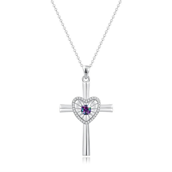 FANCIME Birthstone Cross Necklace For Women Sterling Silver Birthstone Necklace Heartbeat Cross Pendant Fine Jewelry Christmas Birthday Gift Valentines Day Gift Holiday Gift For Her, 16" 2" Inch