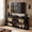 Black, variant on Finmind 63" Solid Wood TV Stand for Living Room, Farmhouse Rustic Entertainment Center with 3-Tier Open Shelves, Media Console for TVs Up to 70 Inches