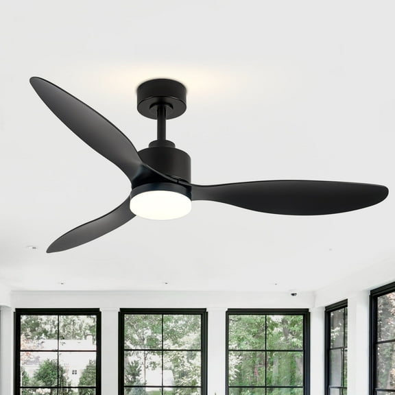 ALKAFY 52 inch Matte Black Modern Ceiling Fan - LED Light, Remote, 3 ABS Blades, 6-Speed for Bedroom/Living Room/Office