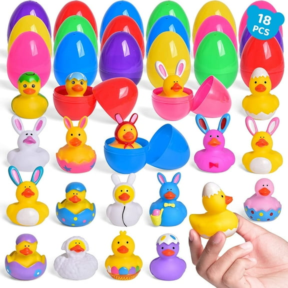 Fun Little Toys 18Pcs Easter Eggs with Rubber Duck Toy, Assorted Bunny Rabbit Duckies Toys, Easter Basket Stuffers
