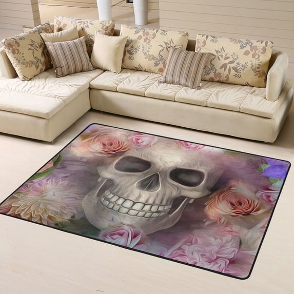 DouZhe Day Of The Dead Sugar Skull Pattern Area Rugs Non-Slip Machine Washable Floor Mat, Mexican Flowers Style Carpet Doormat, 63x48 inches