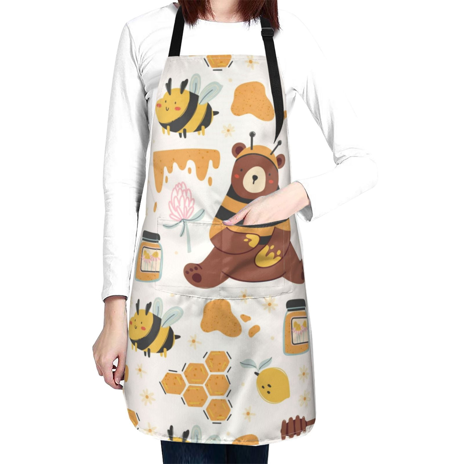 Kdxio Cute Bee Honey Jar Hive Bear Apron with Pockets Adjustable Kitchen Aprons for Men Women Waterproof Aprons for Cooking,Drawing,Crafting, Baking Household Cleaning