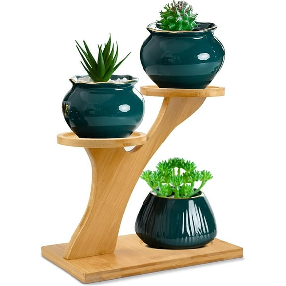 RUseeN Bamboo Plant Stand, 3 Tiers Indoor Succulent Windowsill Shelf - Small Tabletop Plant Holder for Living Room, Home, Office, Bedroom Decoration