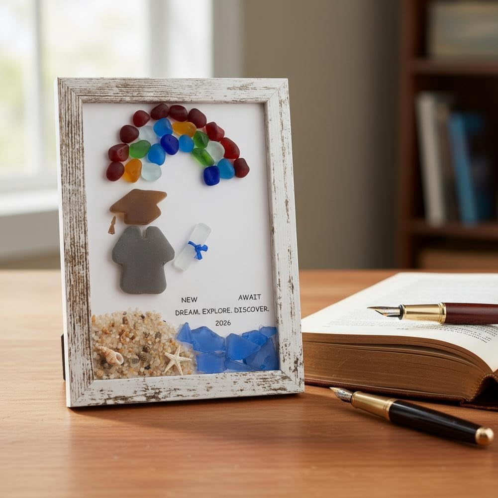 Sea Glass Graduation Gift Class of 2026, Rustic Wood Framed Wall Art, Rainbow Cap Coastal Decor, College High School Graduate Senior Present for Daughter Son Him Her(Q)