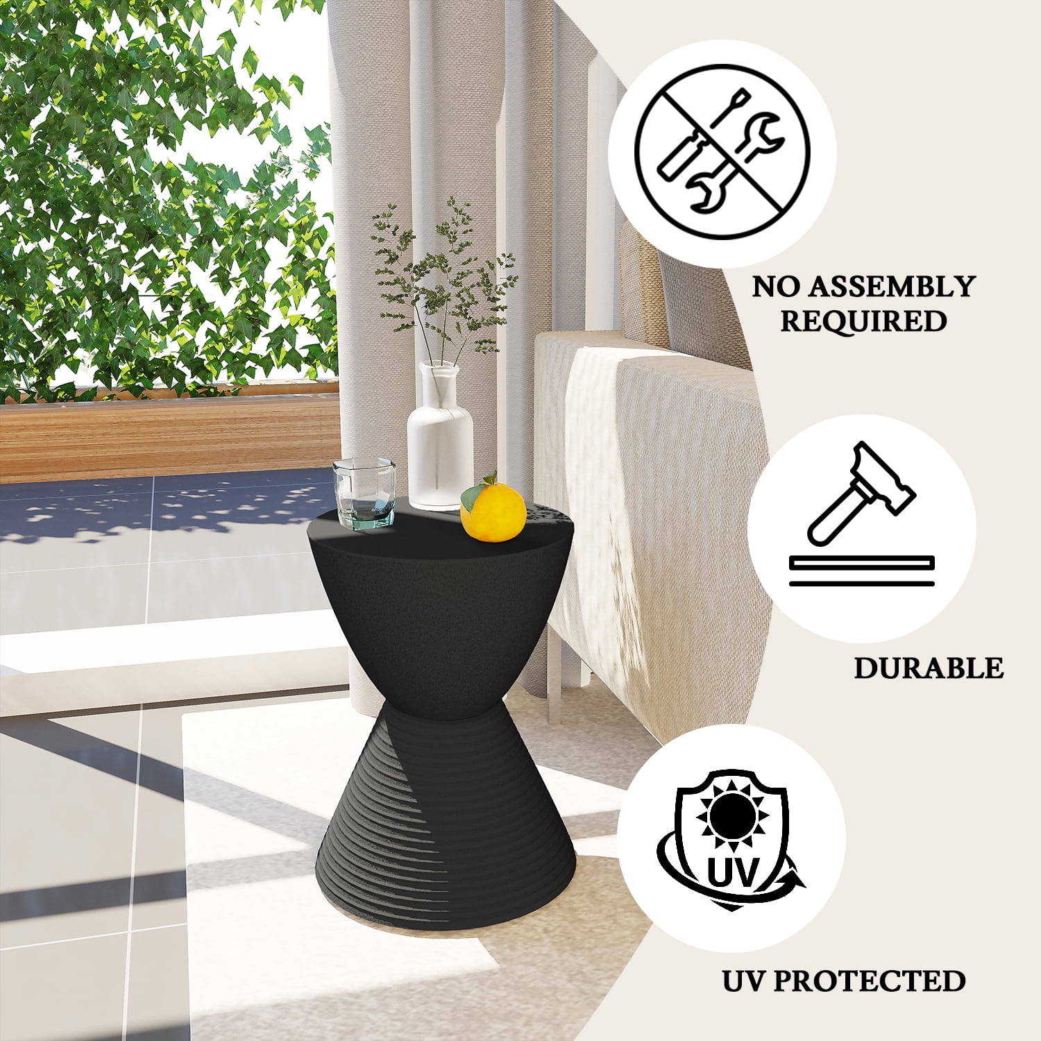 LeisureMod Side Table Modern Hourglass End Table Compact Accent Drum Table with Removable Lid for Storage Indoor and Outdoor Use Boyd Series in Black