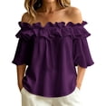 thumbnail image 2 of Uootdi Beach Tops for Women Off The Shoulder Ruffle Trim 3/4 Flare Sleeve Plain Soft Woven Loose Fit Coastal Holiday Cute Summer Tops for Women, 2 of 5
