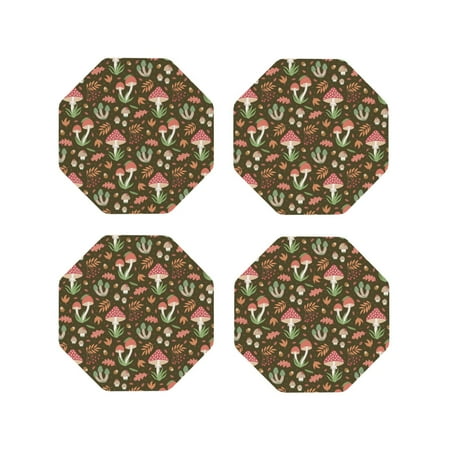 

Yiaed Mushrooms And Autumn Leaves Print Leather Coasters for Drinks - Cup Coasters Coffee Table Kitchen Table Bar Home & Office Gifts Handmade Drink Coasters-Octagon