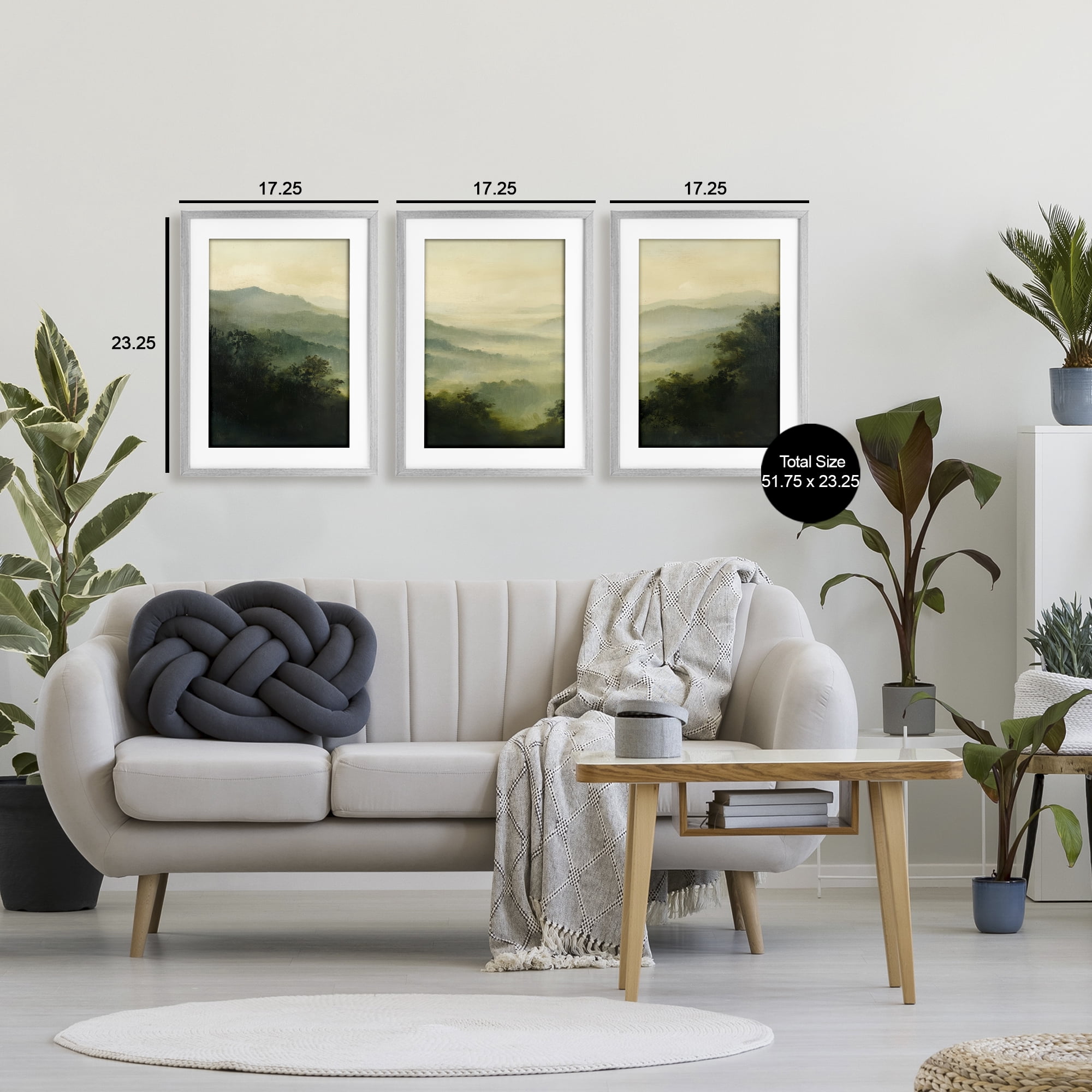 Stupell Industries Through The Haze Mountain Panorama 3 Piece Gray Framed Print Under Glass Set, design by Petal Prints Design