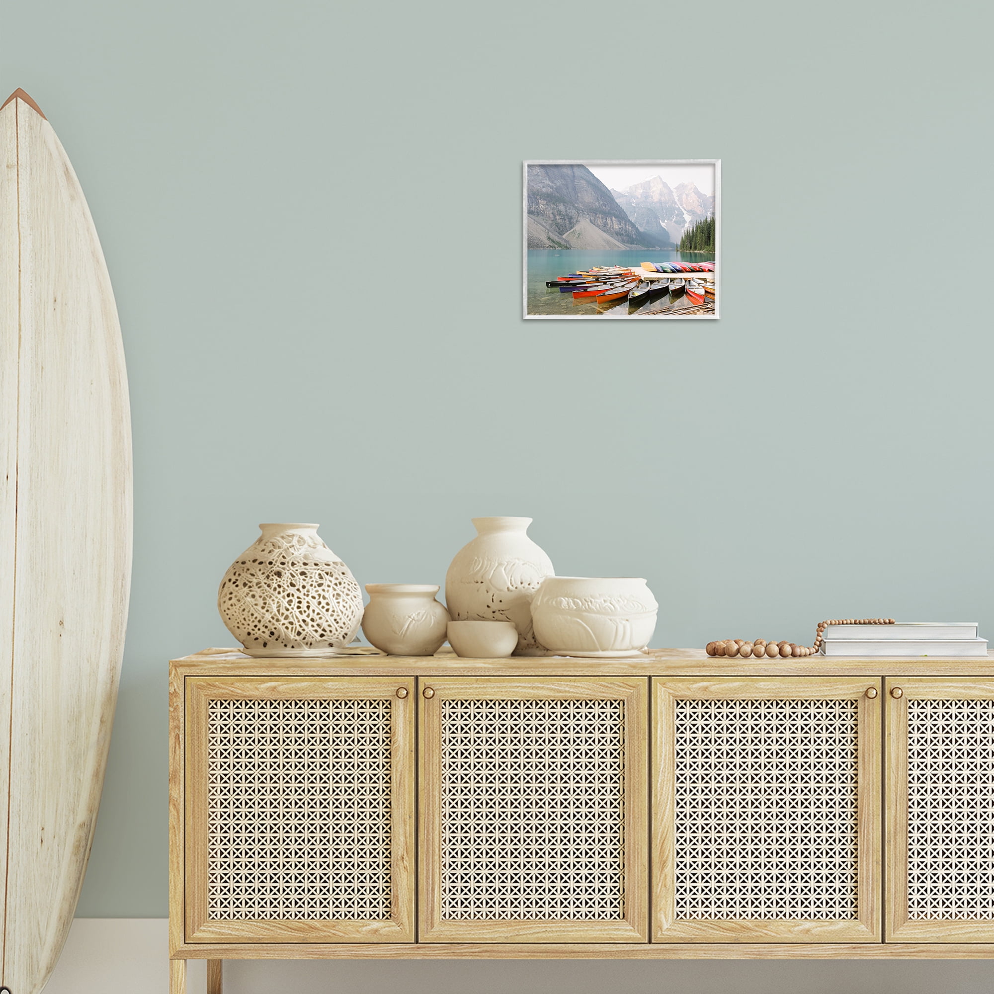 Stupell Industries Cliffside Canoe Dock Landscape Photography White Framed Art Print Wall Art, 14 x 11