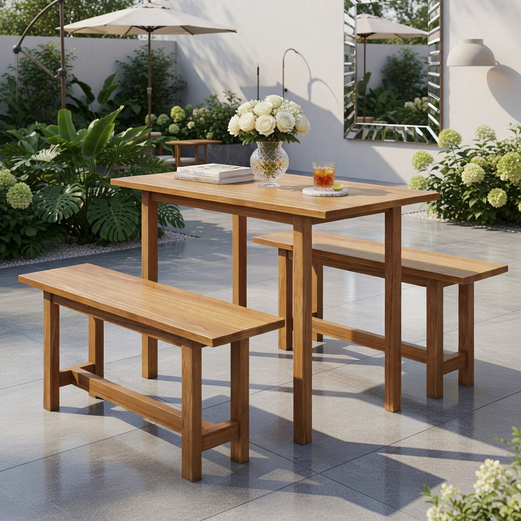 Hommoo Teak Wood Outdoor Bench, H-Frame Backyard, Porch & Poolside Seating for 2, Weather-Resistant Sustainable Hardwood, Natural