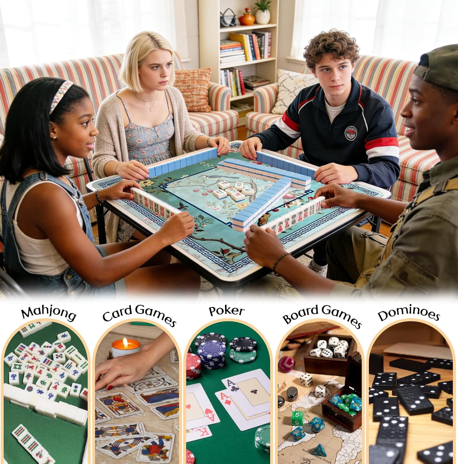 Turquoise Chinoiserie Floral Mahjong Mat 31.5 x 31.5 Inch, Grandmillennial Chinese Non-Slip Noise Reduction Mahjong Table Mat for American Mah Jong Poker Card Board Games Dominoes