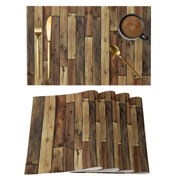 Vintage Placemats Set of 4, Brown Stitching Wood Grain Farmhouse Non-Slip Place Mats Washable Table Mats for Kitchen Dining Table Decorations Indoor/Outdoor