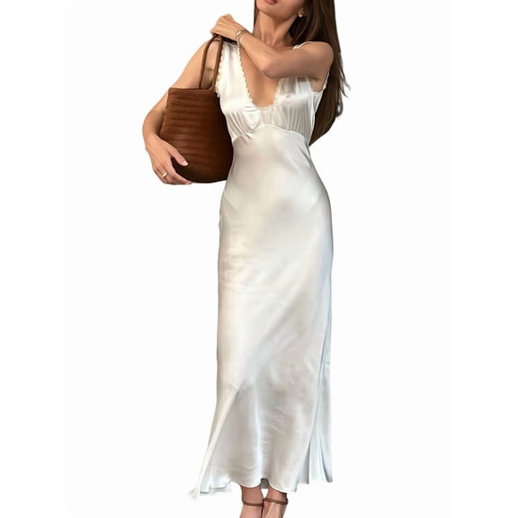 Womens Elegant Satin V Neck Backless Sleeveless Maxi Dress Tie Low Back Formal Cocktail Dresses White M