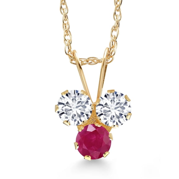 Gem Stone King 14K Yellow Gold White Lab Grown Diamond and Red Ruby 3-Stone Pendant Necklace for Women (0.36 Cttw, Gemstone April Birthstone, Round 3MM, 18 inch Chain)