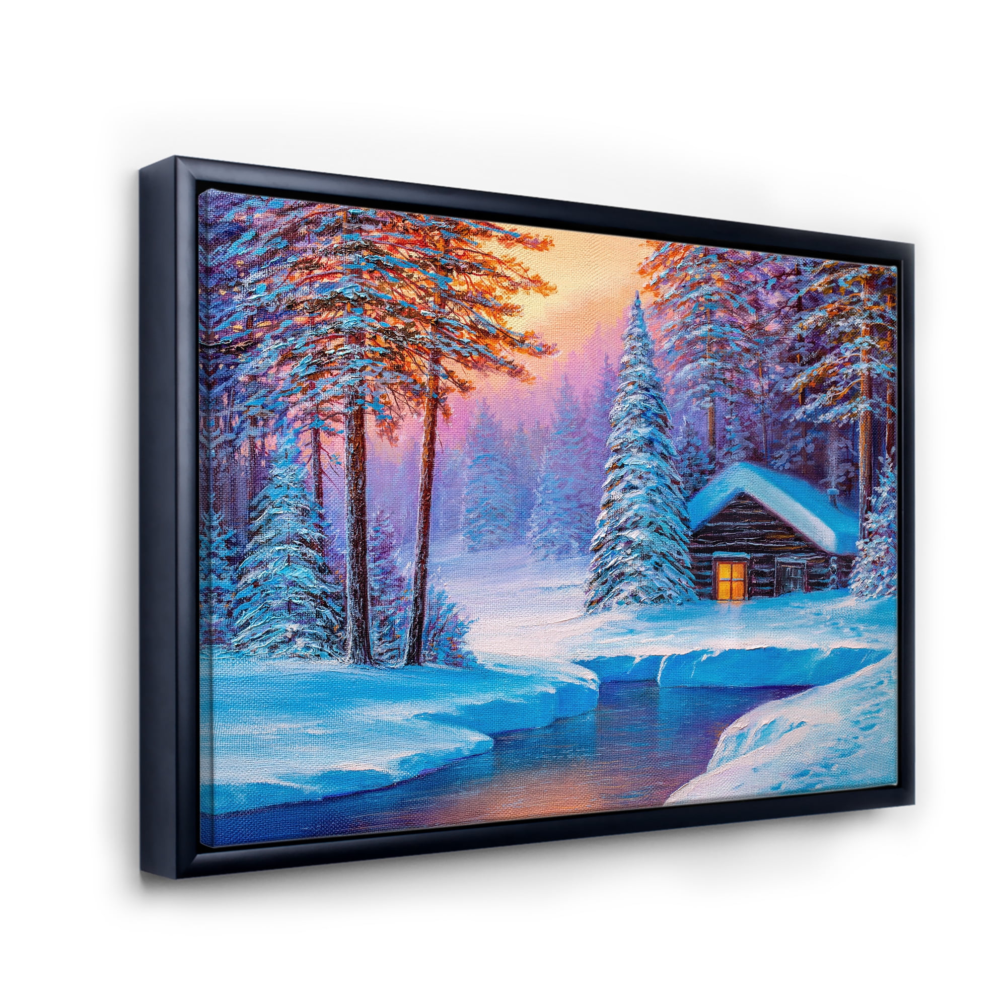 Designart 'Old Cabin In Winter Forest In Evening Glow I' Traditional Framed Canvas Wall Art Print