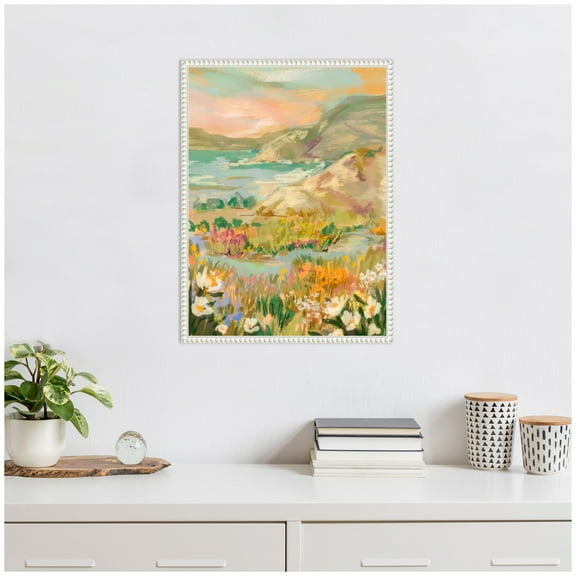 Kate and Laurel Landscape 4 Framed Canvas Wall Art by Annie Quigley 18 x 24 Sylvie Beaded White, Coastal, Landscapes, Nature Art for Wall Decor, Living Room, Bedroom