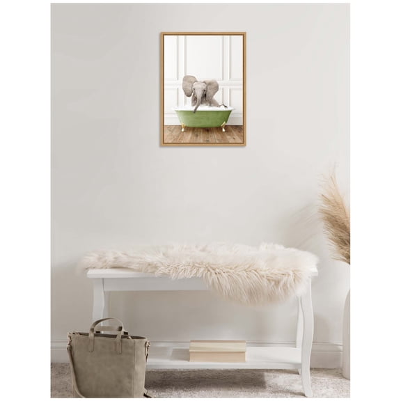 Kate and Laurel Baby Elephant 4 in Transitional Bathtub Framed Canvas Wall Art by Amy Peterson 18 x 24 Sylvie Natural, Whimsical, Animals, Bathroom Art for Wall Decor, Living Room, Bedroom