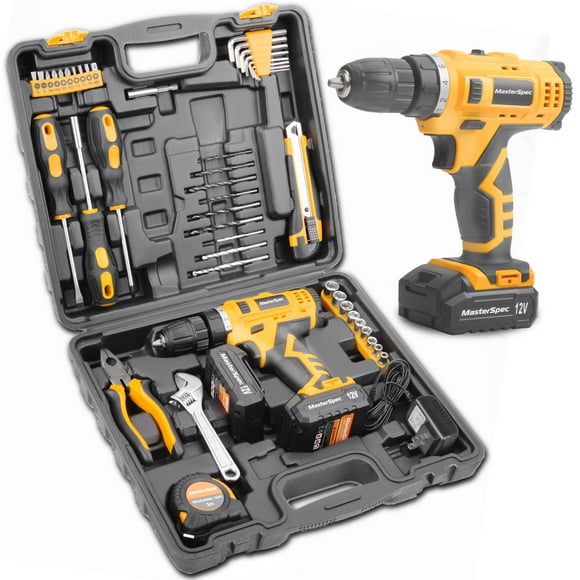 MasterSpec 12V Cordless Drill and Driver Kit with 47 Pcs Household Hand Tools, Includes 2x 1500mAh Batteries,Sturdy Storage Case - Complete DIY Home Repair and Maintenance Tool Set