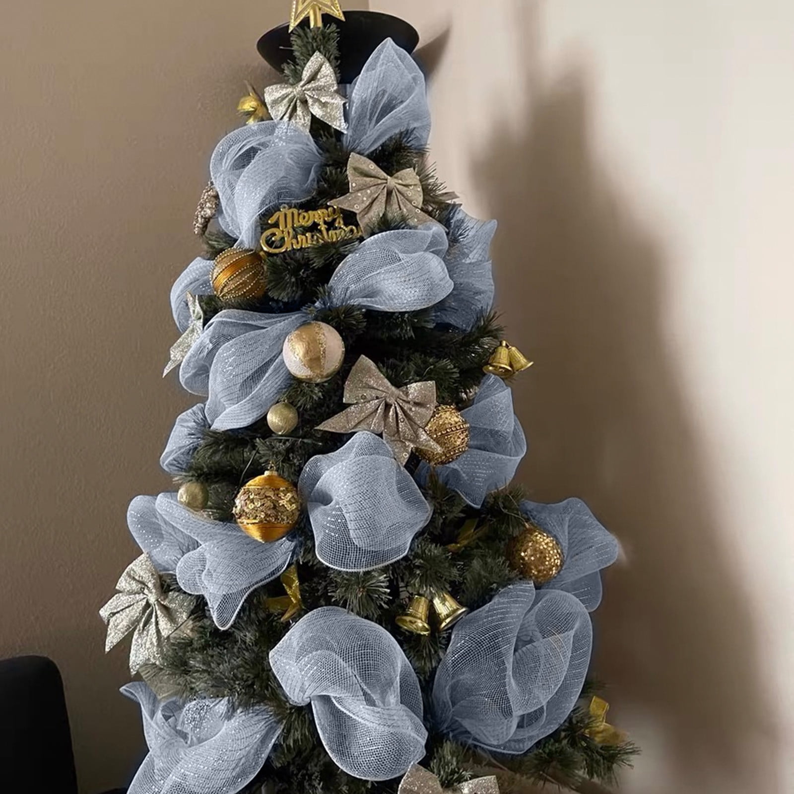 Nature Deco Mesh Ribbon with Metallic Foil, Silver, 20.8 inch x 29 feet, for Christmas Tree Wreaths