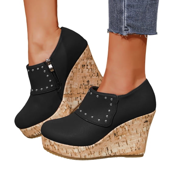 Rokment Studded Platform Wedge Dress Ankle Boots for Women Ladies 2026 Spring Fall Fashion Leather Wooden Chunky High Heels Combat Short Booties Black Size 6
