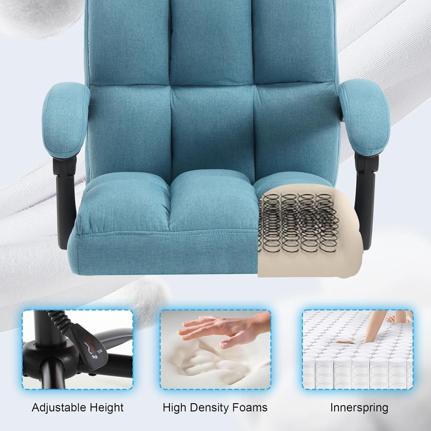 KCREAM Erogonomic Reclining Office Chair with Footrest, High Back Fabric Cute Comfortable Recliner Office Desk Chair with Leg Foot Rest for Women,Blue