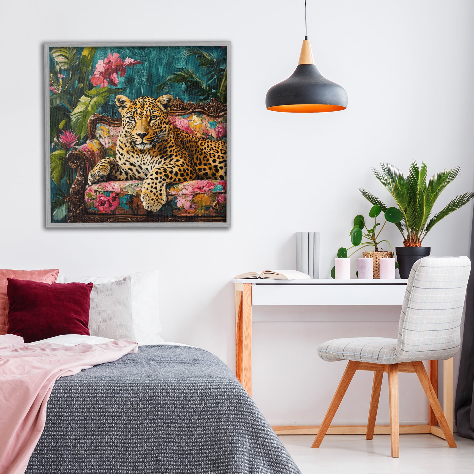 Stupell Industries Fashionable Leopard on Floral Sofa Gray Framed Giclee Art, design by Petal Prints Design