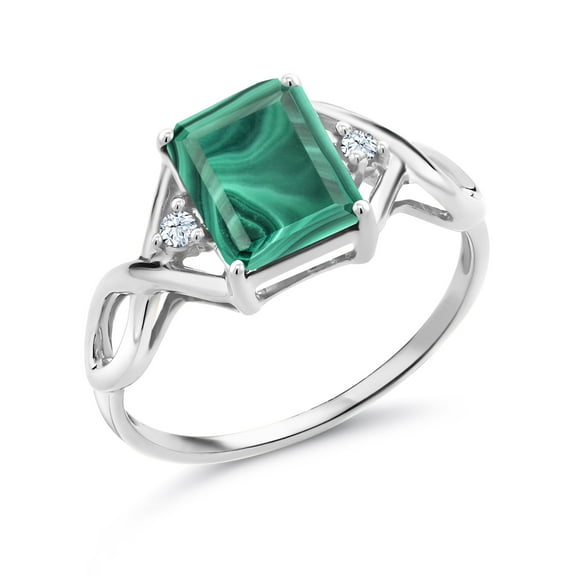 Gem Stone King 925 Sterling Silver Green Malachite Ring for Women | 3.56 Cttw | Emerald Cut 9X7MM | Gemstone Birthstone, Size 8)