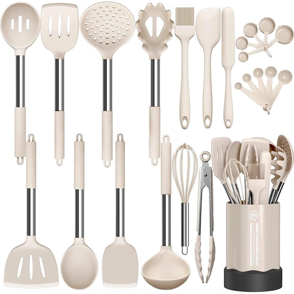 Silicone Cooking Utensil Set, Visualz Non-stick Kitchen Utensil 24 Pcs Cooking Utensils Set, Heat Resistant Cookware, Silicone Kitchen Tools Gift with Stainless Steel Handle (Khaki-24pcs) …