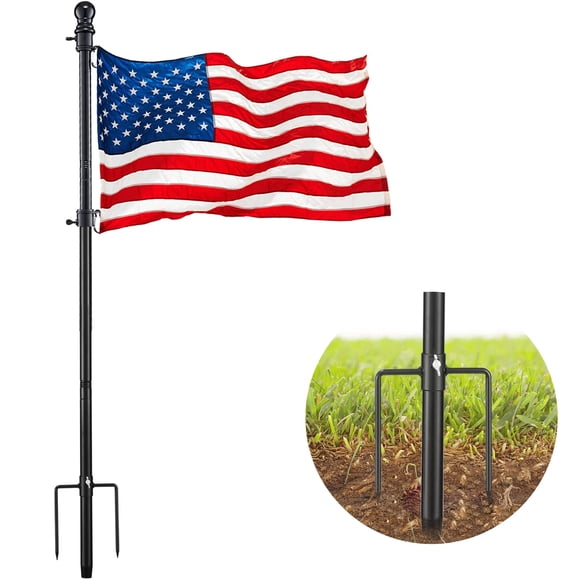 Black Flag Poles for Outside in Ground - 8FT Flag Pole for House with 2 Pronges Base - Stainless Steel Flag Pole Kit with 3x5FT Am