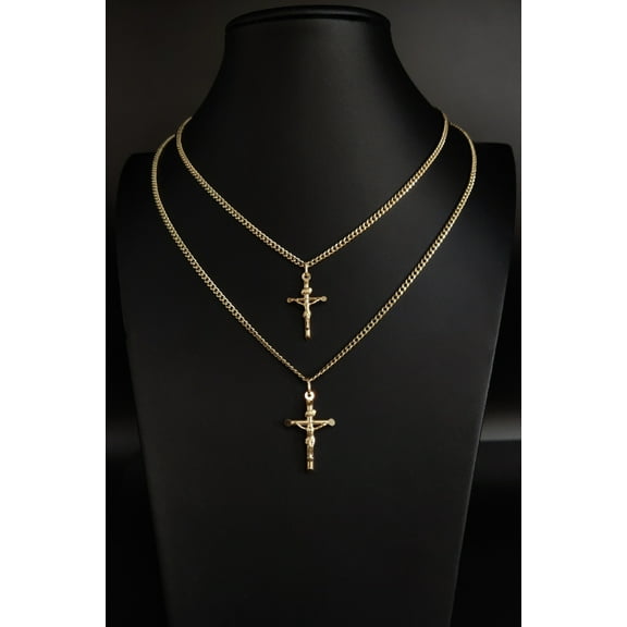 14k Real Gold Jesus Crucifix Pendants Necklace, with 3mm Miami Cuban Chain Necklace , Cross, Gold Inri Cross, Gift (Pendant Size:Small; Chain Lenght:Only Pendant;)