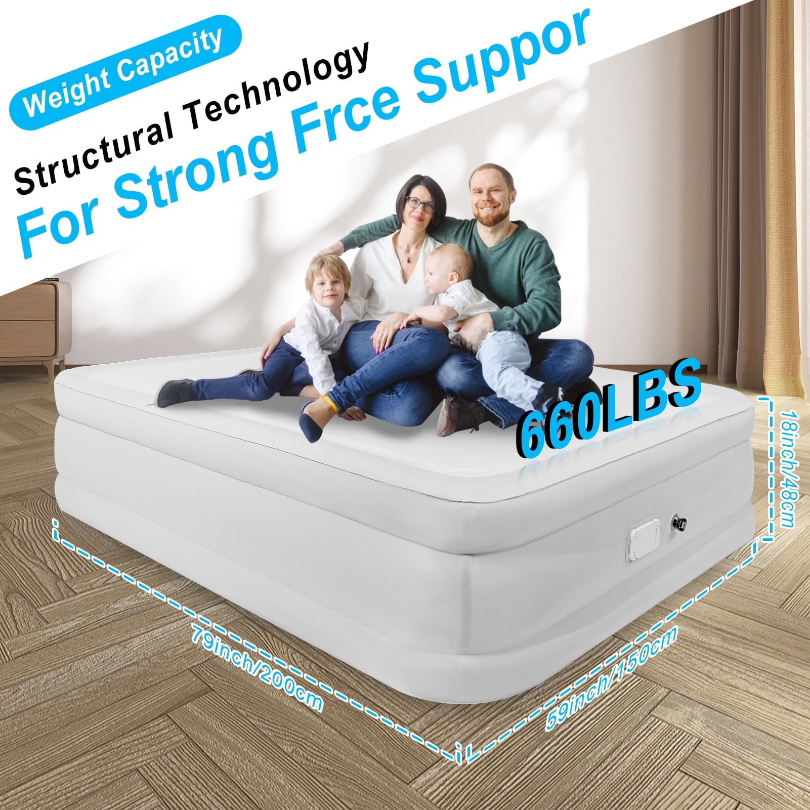 Air Mattress Queen with Built in Pump,Blow Up Mattress with Fiber-Tech, Inflatable Camping Bed, 3-Min Self Inflating with Carrying Bag (18”White Grey)