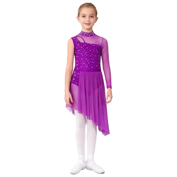 Raenseen Kids Girls Lyrical Dance Dress One Shoulder Long Sleeve Shiny Rhinestone Skirted Leotard Performance Dancewear Purple 12