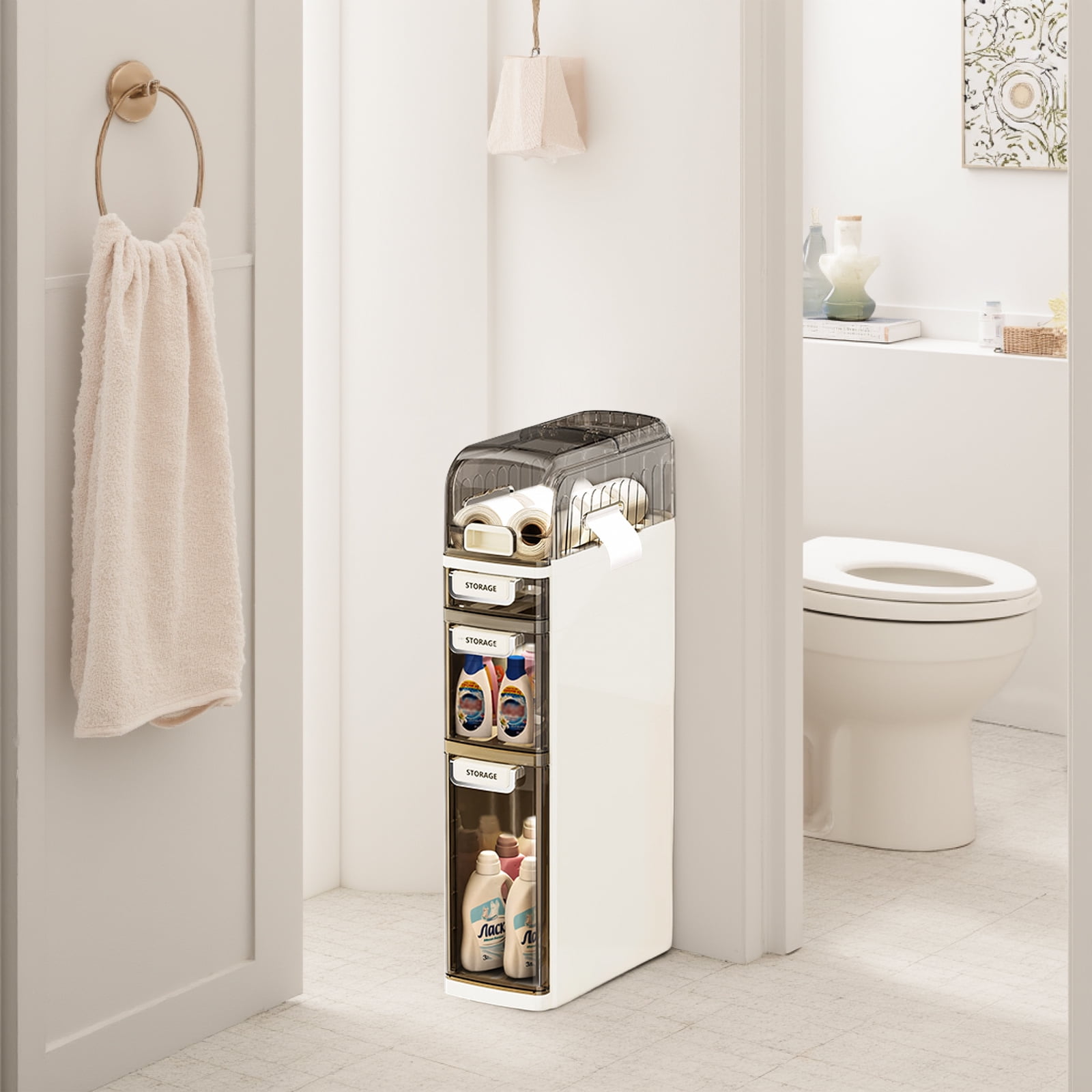 Narrow Storage Cabinet,4 Tier Slim Bathroom Organizers and Storage with Drawers & Tissue Box,Plastic Bathroom Cabinet for Small Space,Bathroom,Kitchen,Laundry