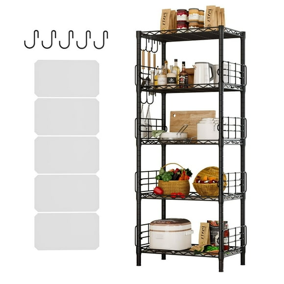 Estanterías de Almacenamiento de 5 Niveles, Estantes de Despensa Ajustables en Altura con 5 Ganchos y Forros para Estantes, Estantes de Metal para Almacenamiento para Cocina (Negro)