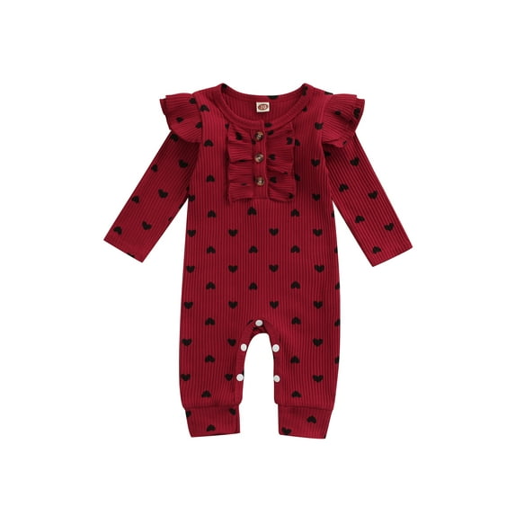 Kiapeise Baby Girls Valentine's Day Romper Heart Print Long Sleeve Jumpsuit
