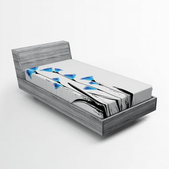 Ambesonne Floral Fitted Sheet, Flowers Tulips in Ombre, Twin Size, Charcoal Grey Sky Blue