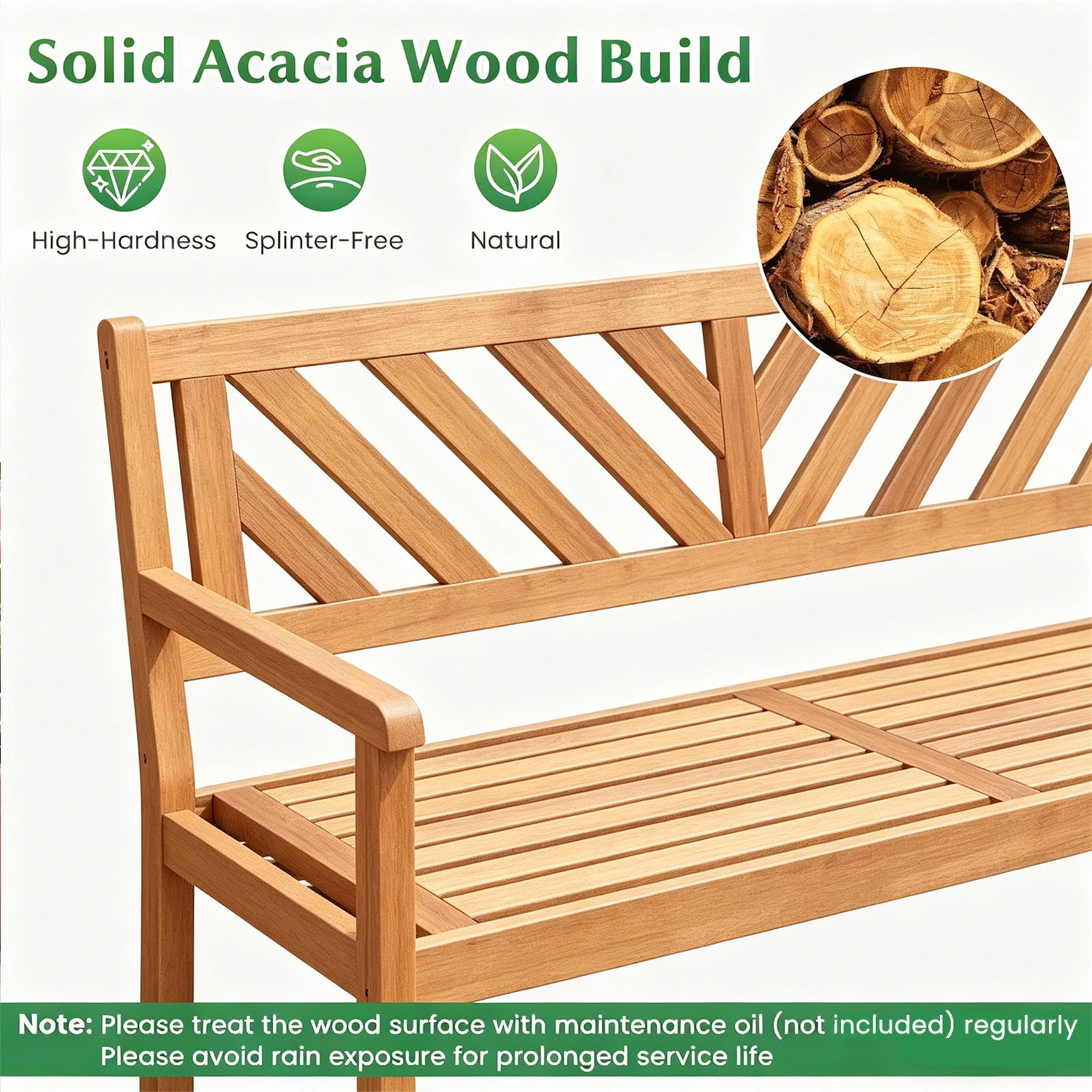 Hommoo 2-Person Patio Wooden Bench, Garden Slatted Loveseat Chair Bench Lounge with Armrests and Backrest for Backyard, Natural