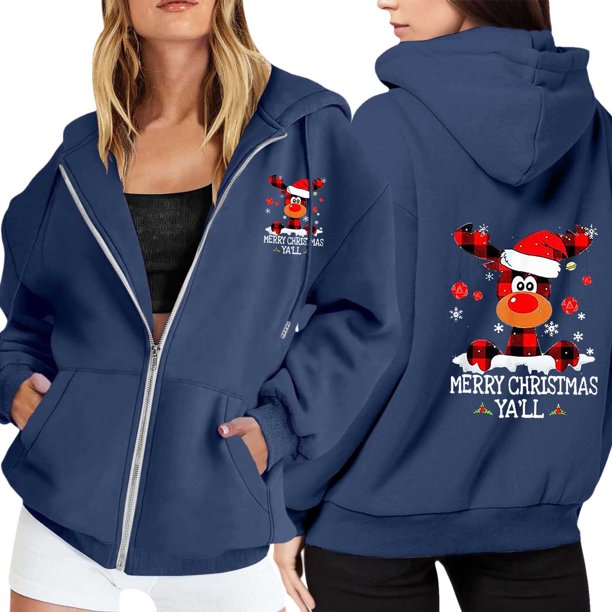 WILLBEST Sudadera con Capucha para Mujer, Estilo Casual, con Estampado Navideño, Cremallera, Manga Larga, Bolsillo y Cordón Ajustable Grande