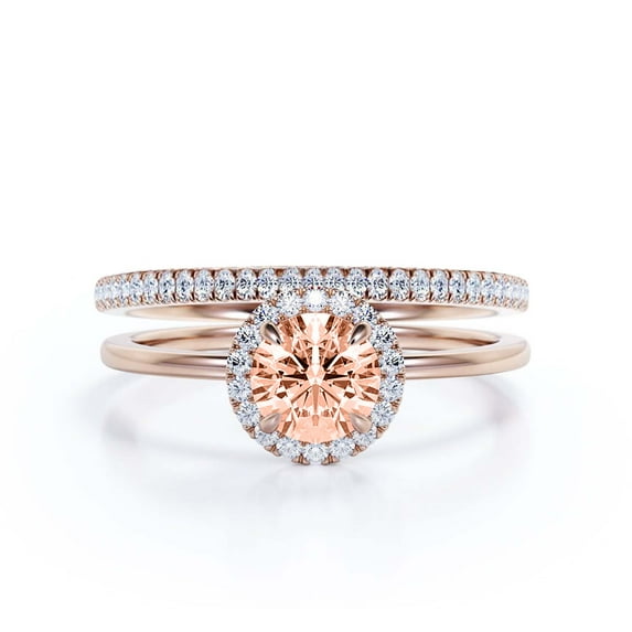 Fairy Minimalist 1.75 Carat Round Cut Morganite And Diamond Moissanite Engagement Ring, Classic Halo Wedding Ring In 925 Sterling Silver With 18K Rose Gold Plating Gift For Her, One Matching Band