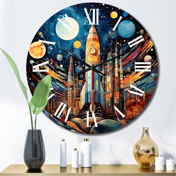 Designart "Rocketship Cosmic composition" Transportation Oversized Wall Clock