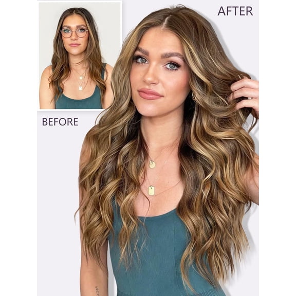 WEIF-Clip in Hair Extension6PCS Brown with Highlights Long Wavy Hair Extension 24 Inch Thick Soft Synthetic Hair Double Weft Hairpieces for Women