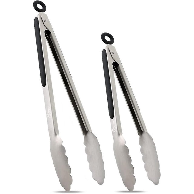 Juego de 2 pinzas de cocina de acero inoxidable de 9" y 12", pinzas para alimentos de metal con cierre y mangos antideslizantes