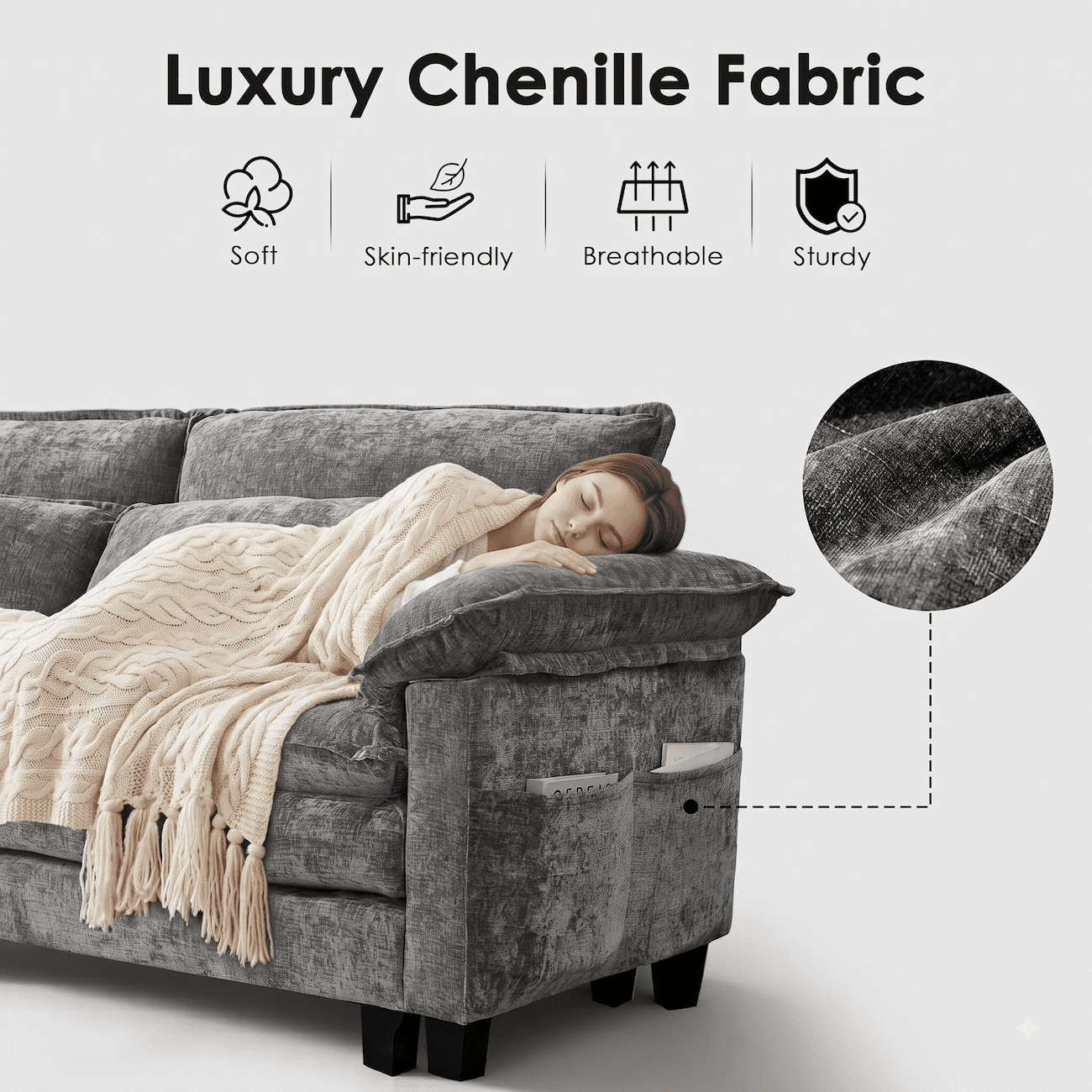 148" Convertible Cloud Sectional Sofa, Modern Chenille L Shaped Couch with Reversible Chaise, Deep Seat 6 Seat Sectional Sofa with Pillows, Comfy Upholstered Couch for Living Room Apartment (Grey)
