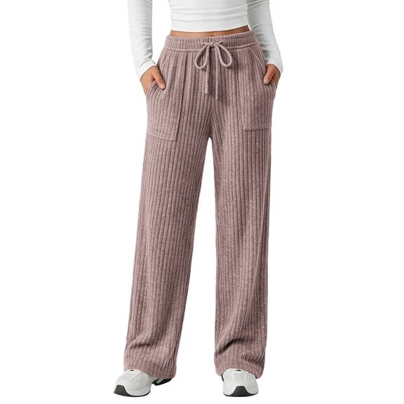 UVN Fall Pants for Women Wide Leg Sweatpants Ladies Casual Work Lounge Pants Knit Stretchy Elastic Drawstring Trousers with Pockets