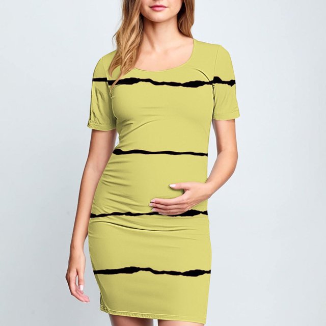 Ovzne Robes d'Été pour Femmes 2025 Robe pour Femme Jupe de Maternité Plissée Imprimée à la Mode Manches Courtes Col Rond Mi-Mollet Robe Grande Taille Manches Courtes Imprimée